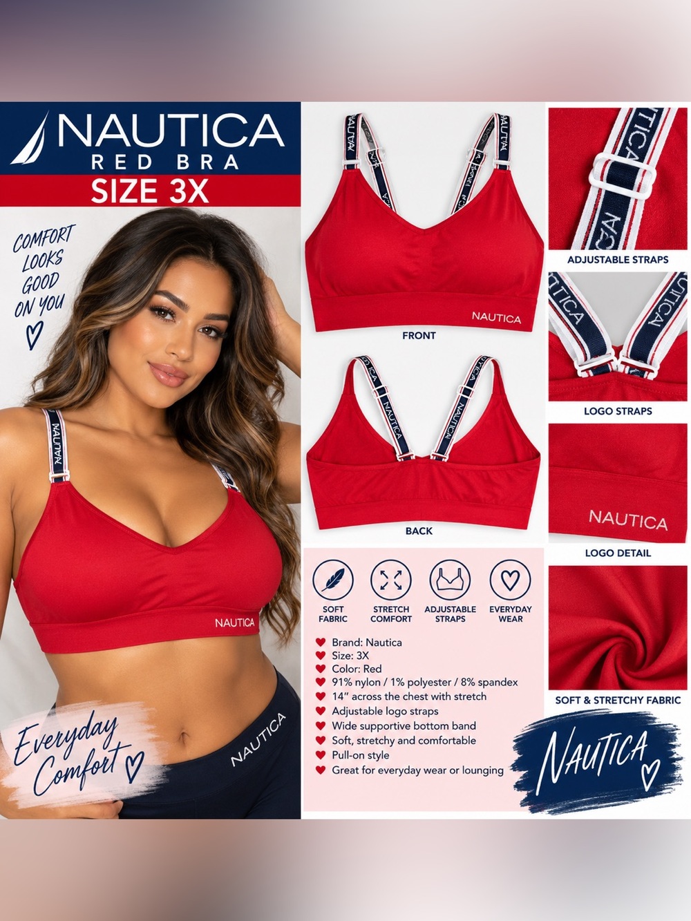 NAUTICA SIGNATURE LOGO BRA - RED SIZE 3X (NEW WITH TAGS) A4